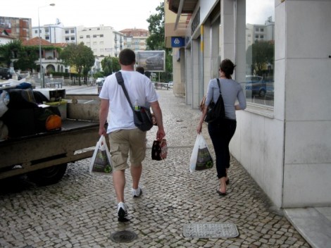 Walking from the supermarket in Sintra, Portugal.