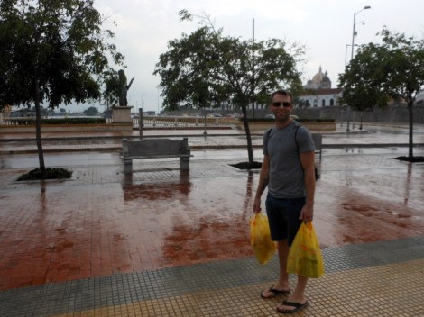 Walking from the supermarket in Cartagena, Colombia.