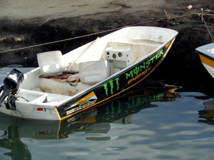 Monster Energy Drink boat on Guatape lake in Colombia.