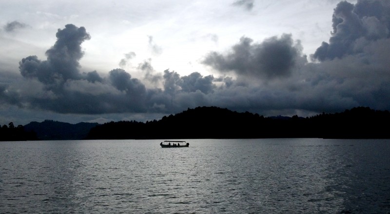 A small boat on the lake in Guatape, Colombia