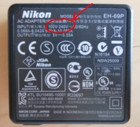 Camera charger voltage information.