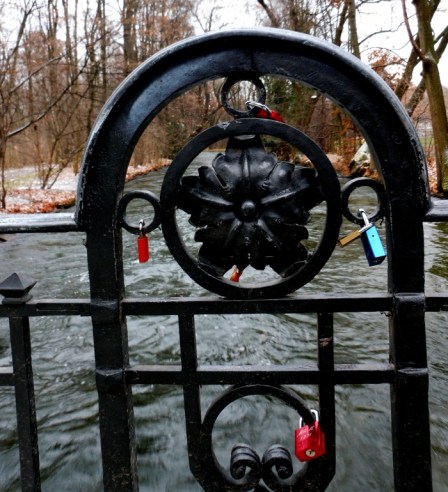 Love locks at the Englischer Garten (English Garden) in Munich, Germany.